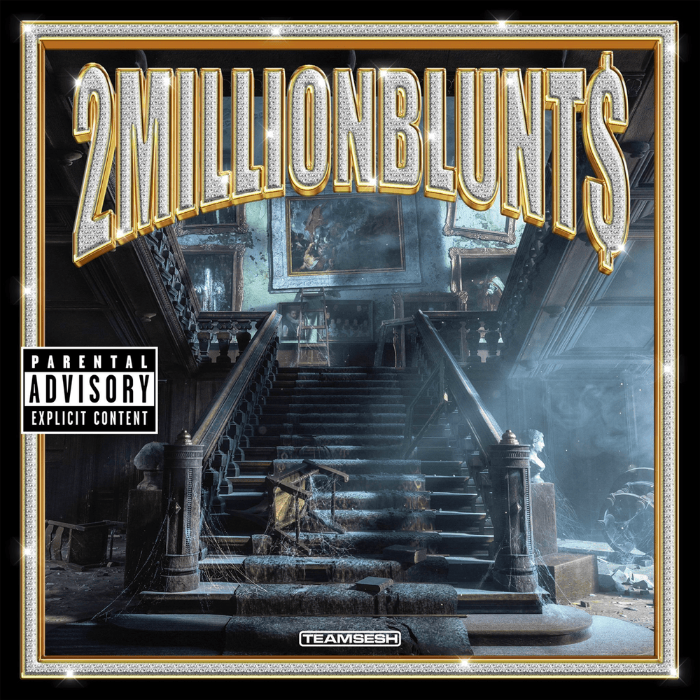 Bones - 2 Million Blunts Album Cover with a pen & pixel style iced out diamond and gold letters over an abandoned mansion stairwell in the background