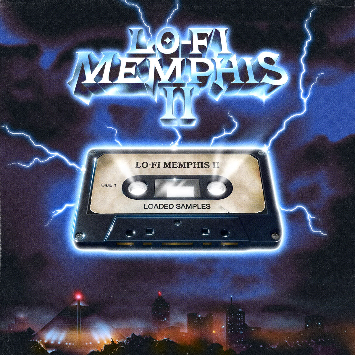 Cover art for Lo-Fi Memphis II featuring a cassette tape with lightning and a city skyline in the background.