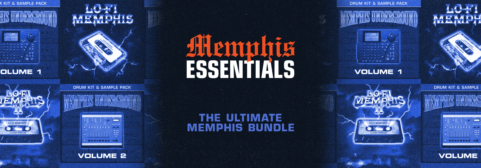 Memphis essentials home page banner for a music sample bundle featuring Lo-Fi Memphis and Memphis Underground drum kits with blue tones.
