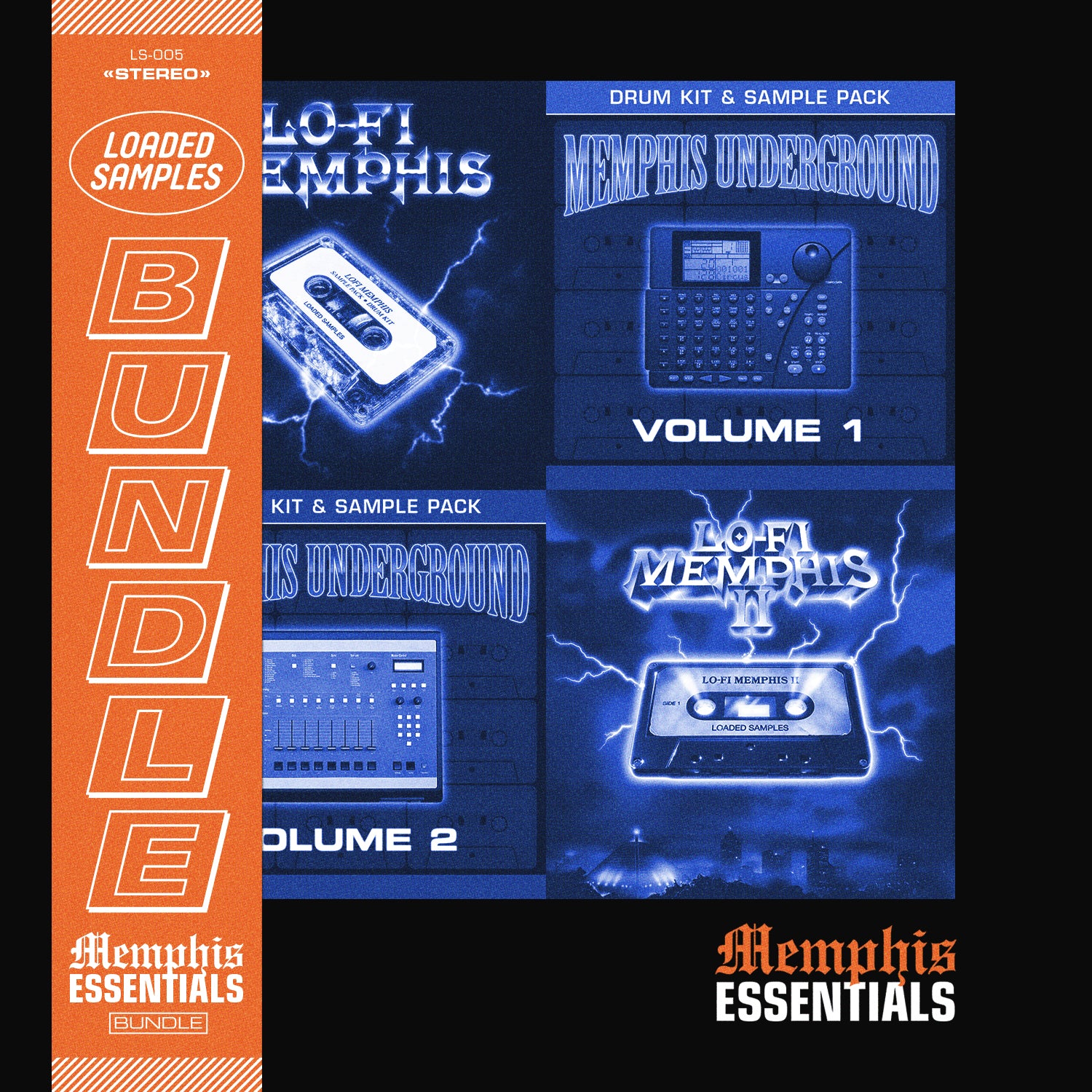 Memphis essentials Cover art for a music sample bundle featuring Lo-Fi Memphis and Memphis Underground drum kits with blue tones.