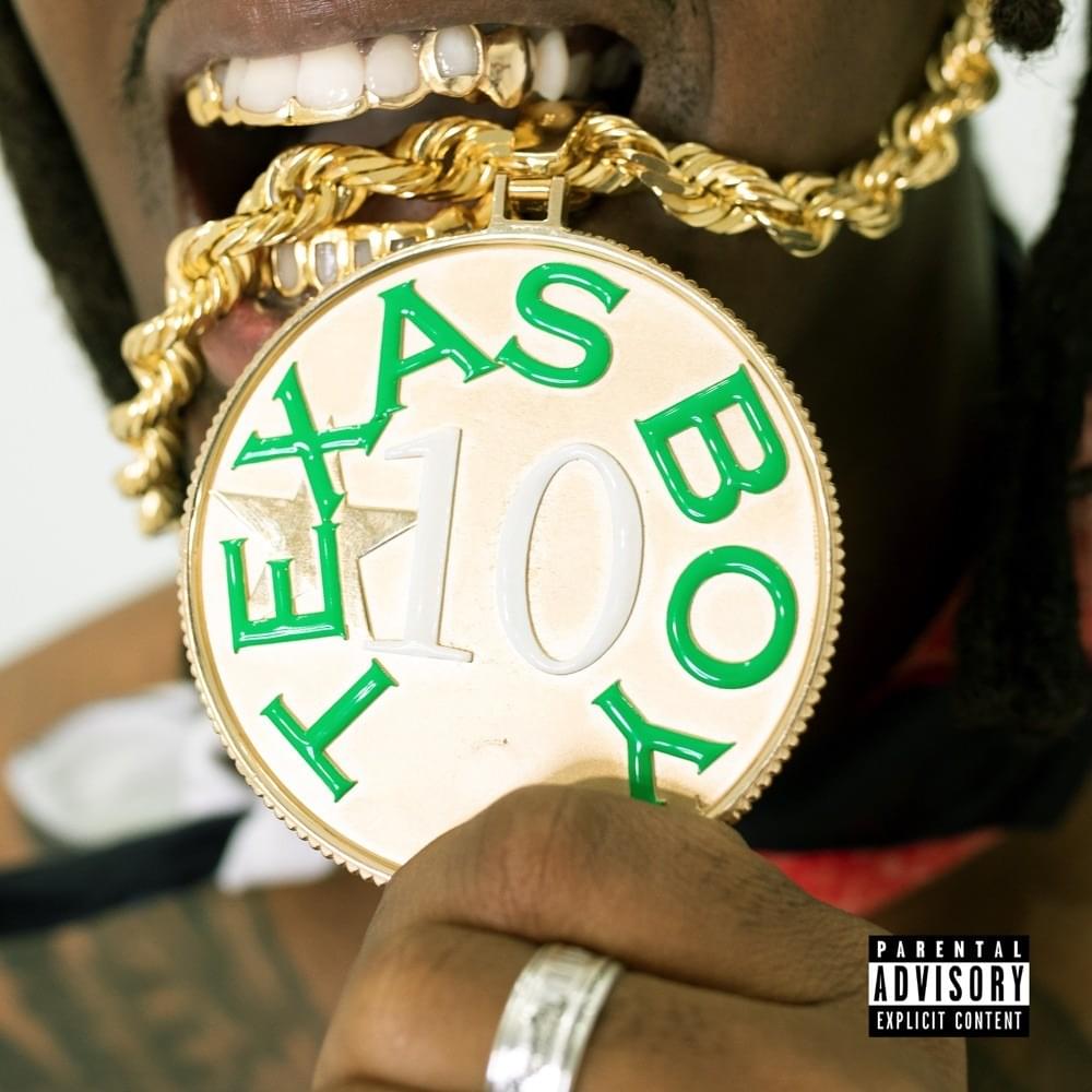 Mike dimes - texas boy album cover with a man with gold grills biting a gold chain and showing off a gold pendant that says texas boy 10