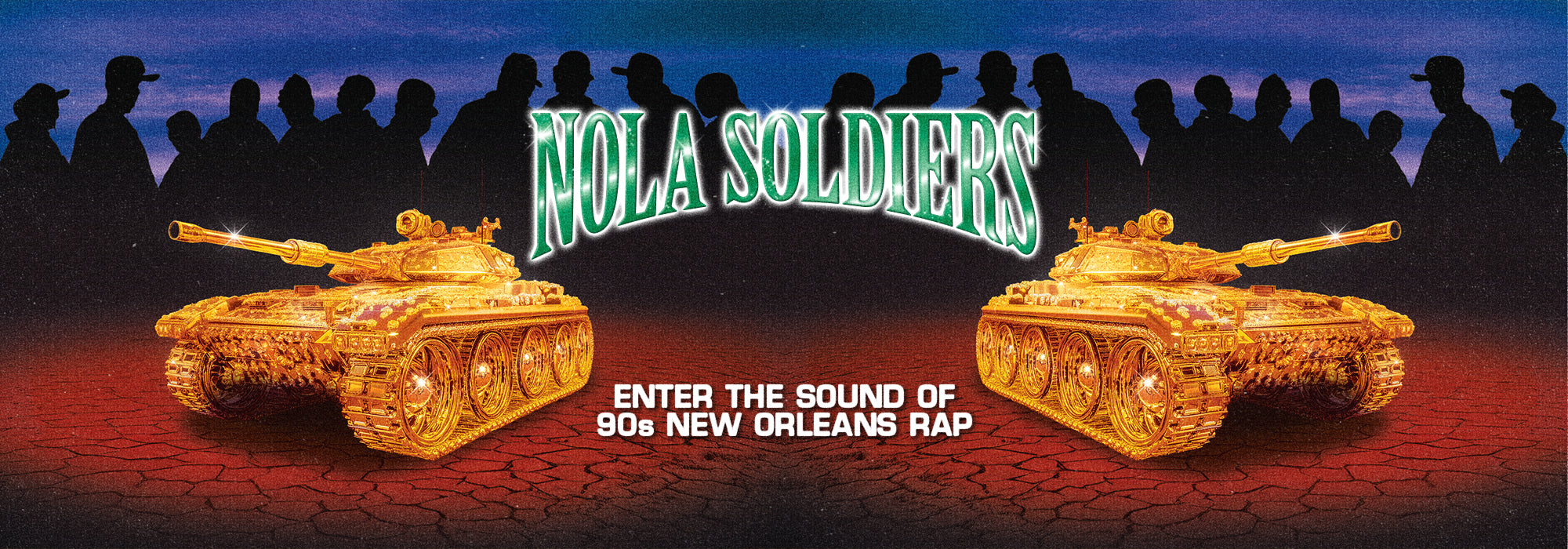 Nola soldiers Sample Pack & Drum Kit Home Page Banner with the quote "enter the sound of 90s new orleans rap" with 2 gold tanks and silhouettes in the background