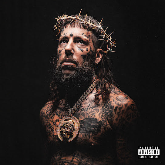 Scrim - Via Crucis album cover with a Person with tattoos and a crown of thorns on a black background