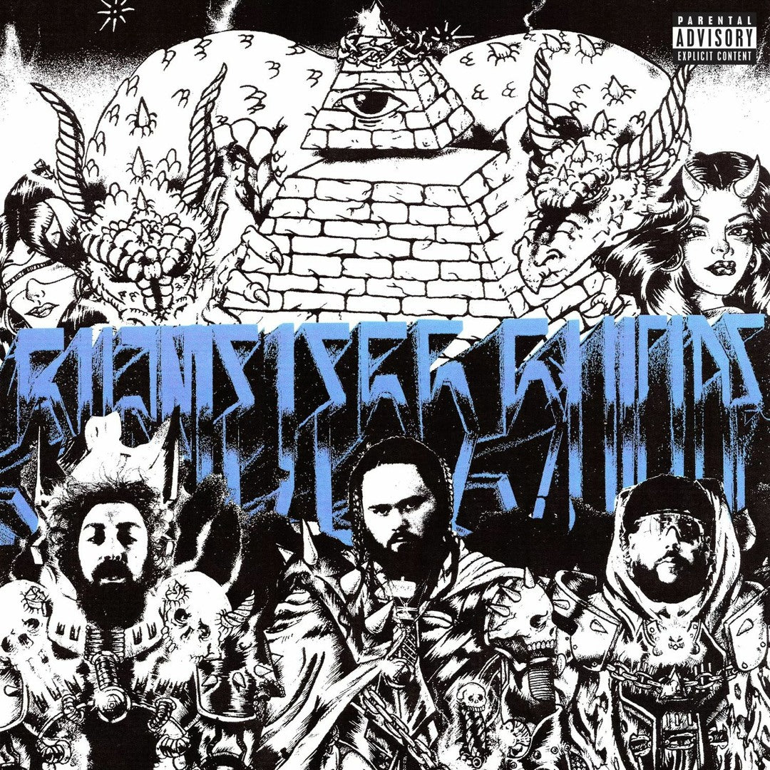 Suicide Boys & Shakewell - Shameless Suicide album cover with 3 artists in front of a cartoon background with dragons, pyramids and more, album title is in a graffiti style, parental advisory logo on the top right