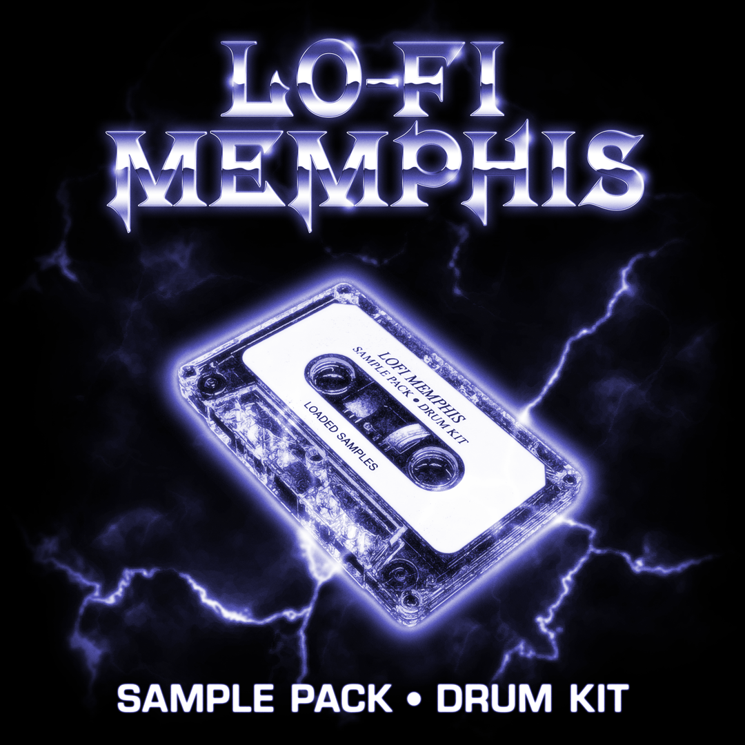 Cover art for the 'Lo-Fi Memphis' sample pack featuring a cassette tape with lightning and stylized text.